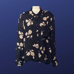 JONES NEW YORK 100% Rayon Blouse, Long Sleeve, NAVY BLUE FLORAL, Size 12, EUC